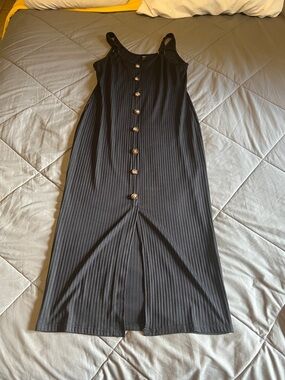 SHEIN Black Ribbed Button-Front Midi Dress